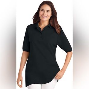 Woman Within Women's Plus Size Elbow-Sleeve Polo Shirt-Black